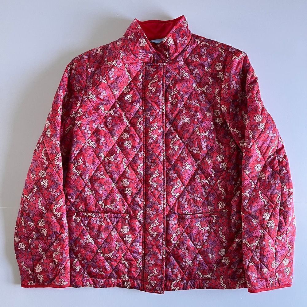 Draper James Quilted Puffer Jacket, Burgundy & Pink Floral Full Zip Large NWOT